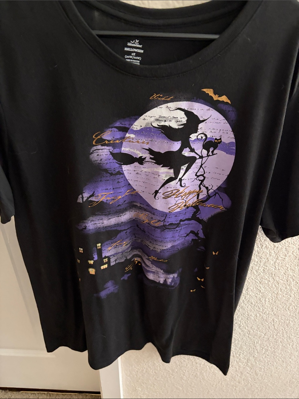 Graphic Tee - Black with Purple Moon and Witch on Broom With Cat Design